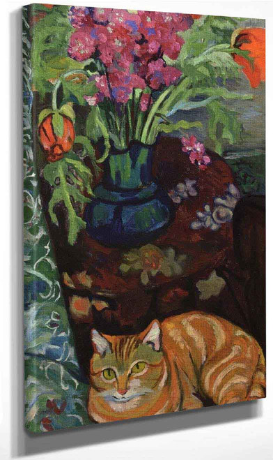 Cat Lying In Front Of A Bouquet Of Flowers By Suzanne Valadon