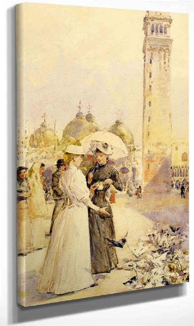 Feeding Pigeons In The Piazza By Frederick Childe Hassam By Frederick Childe Hassam