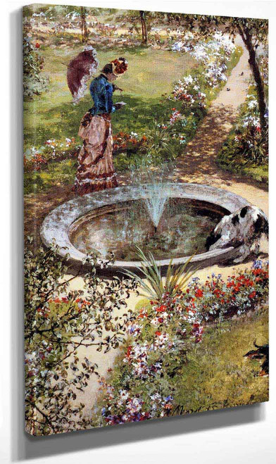 Lady Walking By A Fountain In The Kissingen Spa Garden By Adolph Von Menzel By Adolph Von Menzel