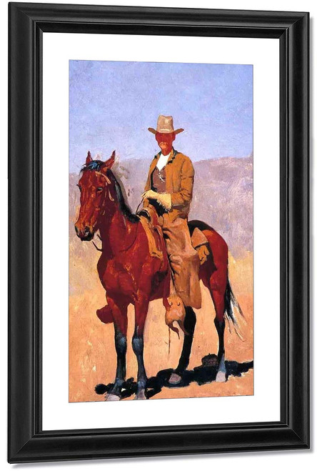 Mounted Cowboy In Chaps With Race Horse By Frederic Remington