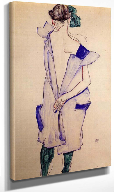 Standing Girl In A Blue Dress And Green Stockings, Back View By Egon Schiele Art Reproduction