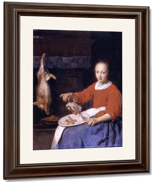 A Kitchen Maid Skewering Poultry By Gabriel Metsu