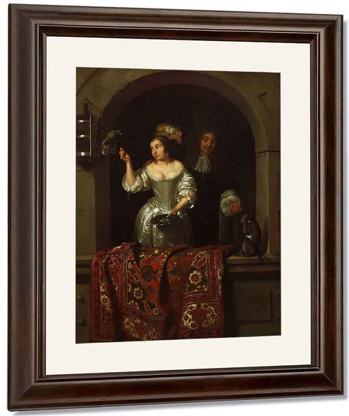 A Lady With A Parrot And A Gentleman With A Monkey By Caspar Netscher