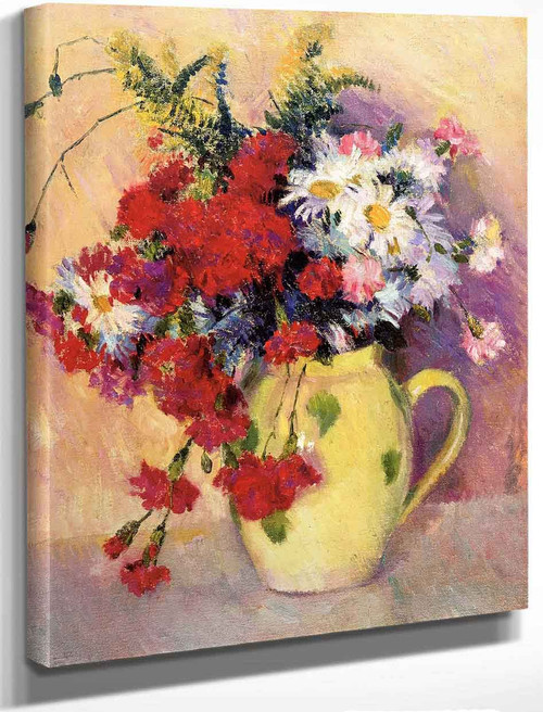 Carnations And Dasies In A White Pitcher By Bernhard Gutmann