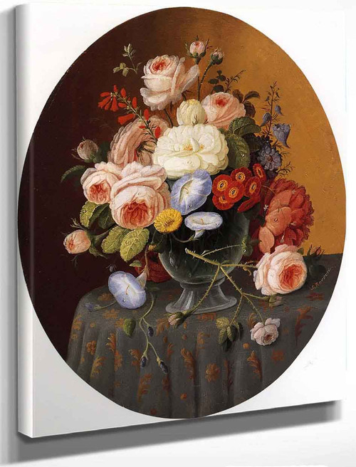 Floral Arrangement In A Glass Vase On A Clothed Table By Severin Roesen