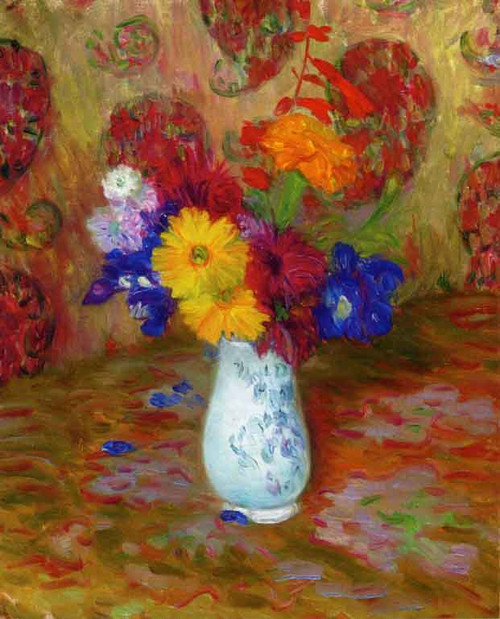 Flowers Against A Palm Leaf Pattern By William James Glackens By William James Glackens