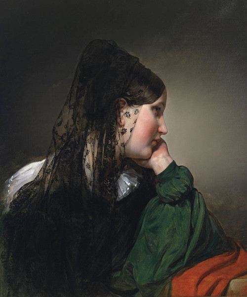 Girl In Profile With A Black Mantilla By Friedrich Von Amerling By Friedrich Von Amerling