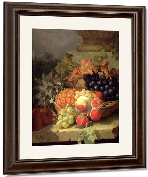 Peaches, Grapes And A Pineapple In A Basket, On A Stone Ledge By Eloise Harriet Stannard