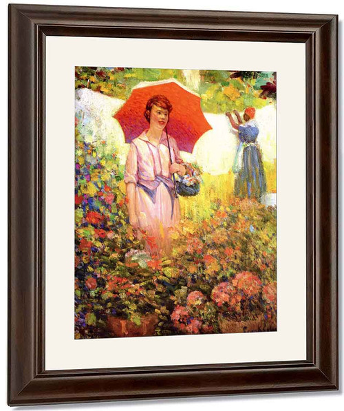 Pink Lady With Parasol In Flower Garden By Frank Coburn