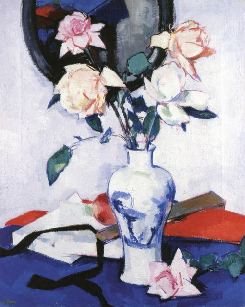 Pink Roses In A Japanese Vase By Samuel John Peploe