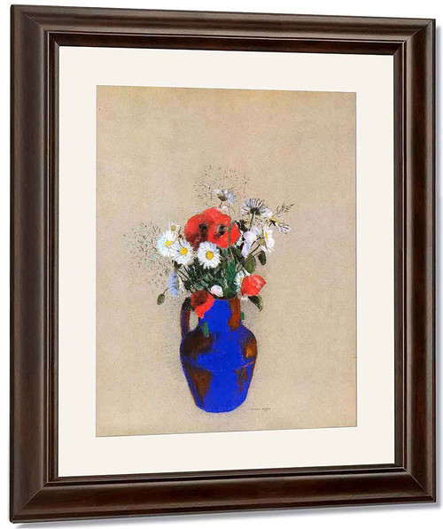 Poppies And Daisies In A Blue Vase By Odilon Redon By Odilon Redon