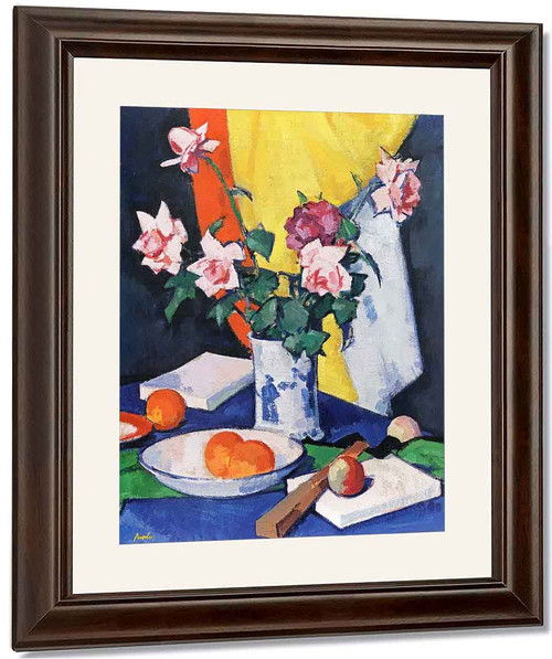 Red And Pink Roses, Oranges And Fan By Samuel John Peploe