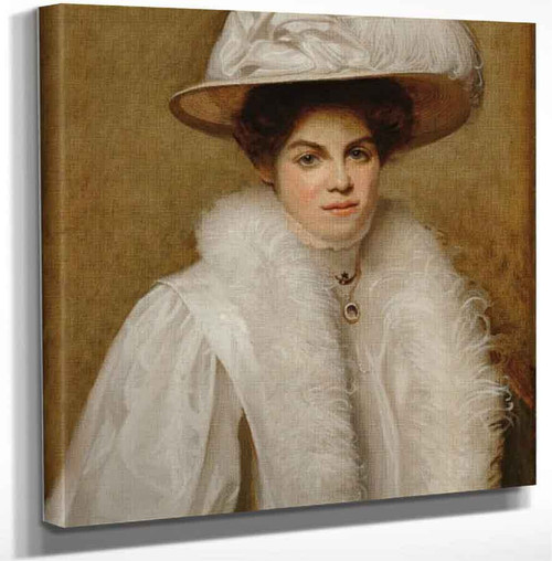 Portrait Of Doris Camptell In A White Dress And Hat With Feathers By Ernest Townsend Art Reproduction