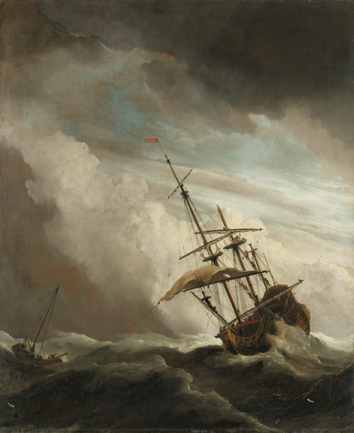 The Gust By Willem Van De Velde The Younger
A Ship on the High Seas Caught by a Squall, Known as ‘The Gust’, Willem van de Velde (II), c. 1680
oil on canvas, h 77cm × w 63.5cm More details

This large, 70-gun British warship is in distress. A fierce gust of wind has broken one of its masts, and a sail has come loose. In 1672, Willem van de Velde II, together with his father, who was also a marine painter, entered the service of the English court. He made this painting and its companion, The Cannon Shot, in England.