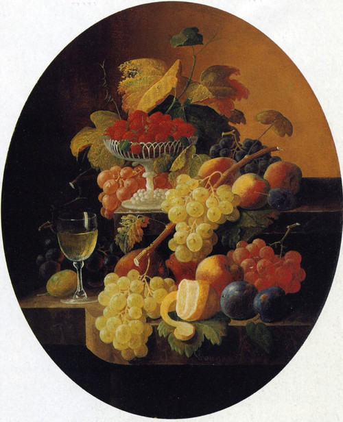 Two Tiers Of Fruit With A Compote Of Strawberries By Severin Roesen