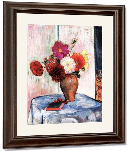 Vase Of Dahlias With Book On A Table By Henri Lebasque By Henri Lebasque