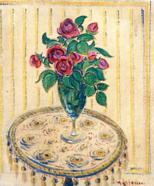 Vase Of Roses On A Pedestal Table By Gustave Loiseau By Gustave Loiseau