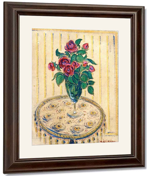 Vase Of Roses On A Pedestal Table By Gustave Loiseau By Gustave Loiseau