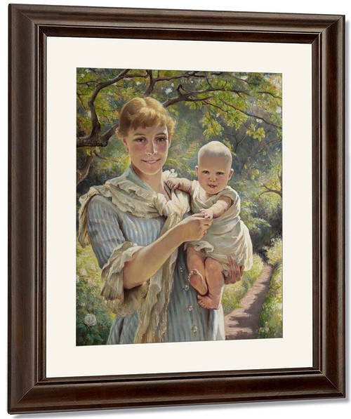 Woman With Child In A Flowering Garden By Johan Krouthen By Johan Krouthen