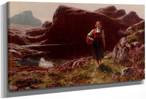 A Girl On A Sunlit Track Before A Fjord By Hans Dahl