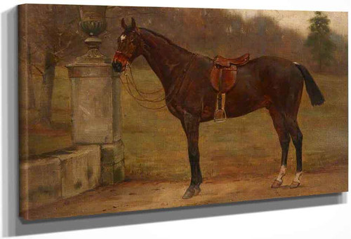 A Saddled Dark Bay Horse Next To An Urn In A Garden By George Goodwin Kilburne By George Goodwin Kilburne