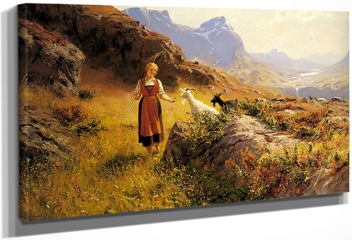 An Alpine Landscapewith A Shepherdess And Goats By Hans Dahl