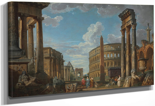 An Architectural Capriccio With Figures Among Roman Ruins By Giovanni Paolo Panini By Giovanni Paolo Panini