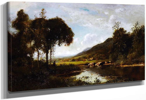 Cattle Watering At A Pond With A Shepherd Nearby By William Keith