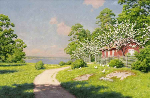 Cottage By The Lake With The Pecking Hens By Johan Krouthen