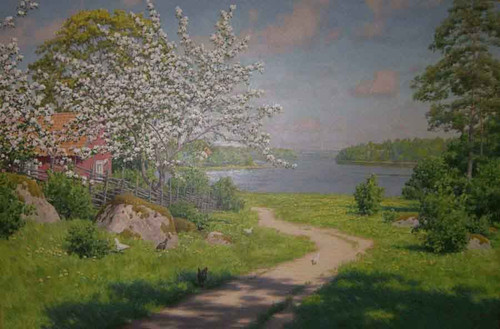 Cottage With Flowering Fruit Trees And Lake By Johan Krouthen