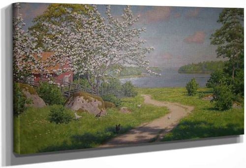 Cottage With Flowering Fruit Trees And Lake By Johan Krouthen