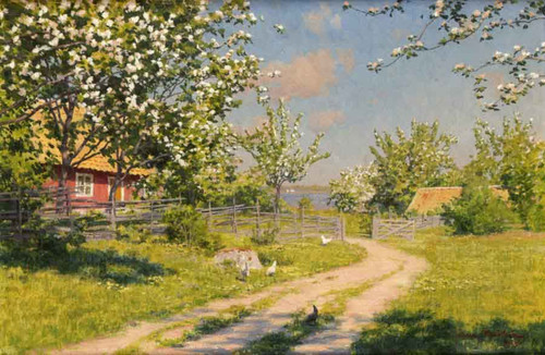 Cottage With Flowering Fruit Trees By Johan Krouthen