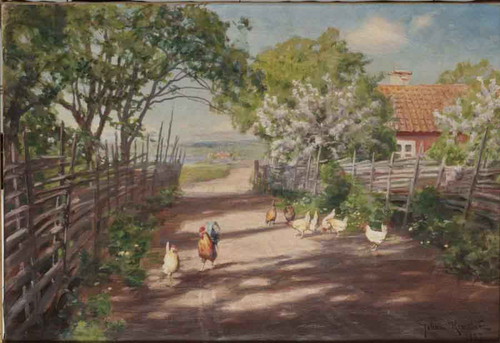Courtyard With Rooster And Hens By Johan Krouthen