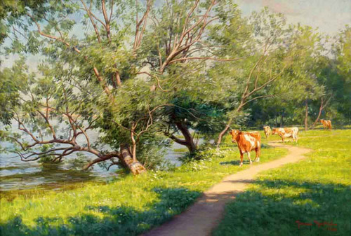Cows By The River By Johan Krouthen