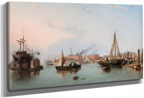 Entrance To Portsmouth Harbour With British Man Of War By George Vicat Cole