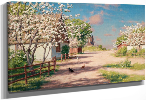 Farm With Blooming Apple Trees And Windmill By Johan Krouthen