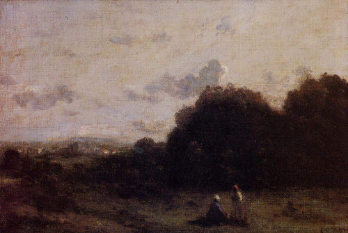 Fields With A Village On The Horizon, Two Figures In The Foreground By Jean Baptiste Camille Corot