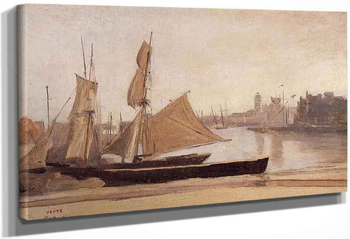 Fishing Boats Tied To The Wharf By Jean Baptiste Camille Corot