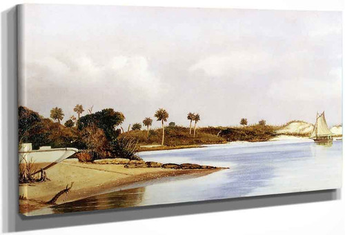 Florida Beach Scene With Beached Boat And Sailboat In Water By William Aiken Walker
