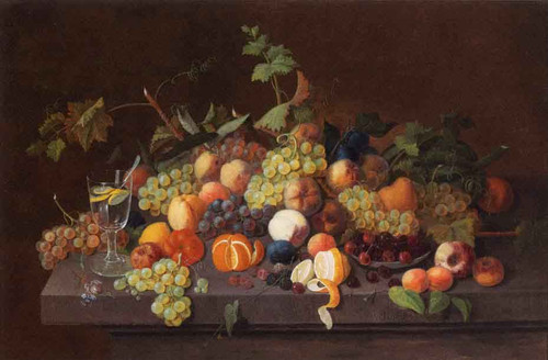 Fruit Still Life With Glass Of Lemonade By Severin Roesen