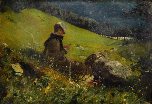 Girl In A Field Knitting By Hans Dahl