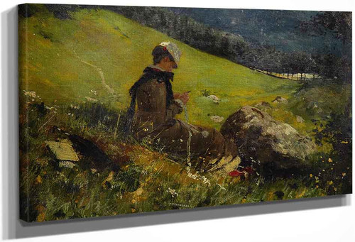 Girl In A Field Knitting By Hans Dahl