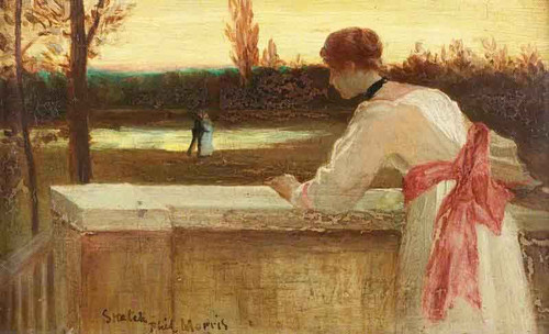 Girl On A Balcony Watching A Couple By A Lake By Phillip Richard Morris