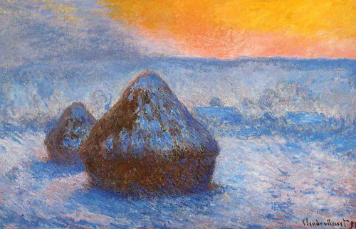 Grainstacks At Sunset, Snow Effect By Claude Oscar Monet