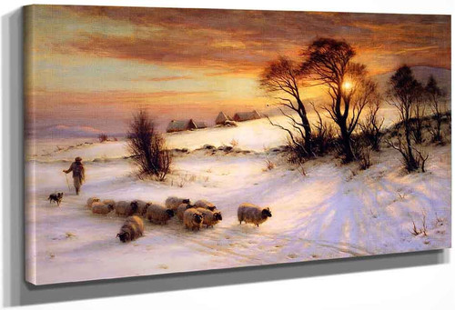 Herding Sheep In A Winter Landscape At Sunset By Joseph Farquharson