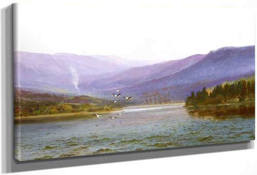 Klamath Lake With Pelicans And Mount Mclaughlin By William Keith