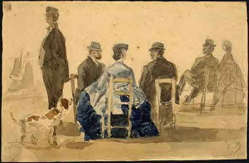 Ladies And Gentlemen Seated On The Beach With A Dog By Eugene Louis Boudin