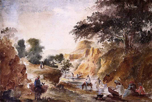 Landscape With Figures By A River By Camille Pissarro Landscape With Figures By A River By Camille Pissarro