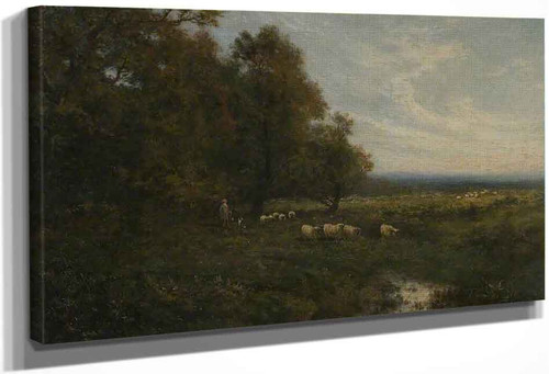 Landscape With Sheep And A Shepherd By A Stream By Alfred East