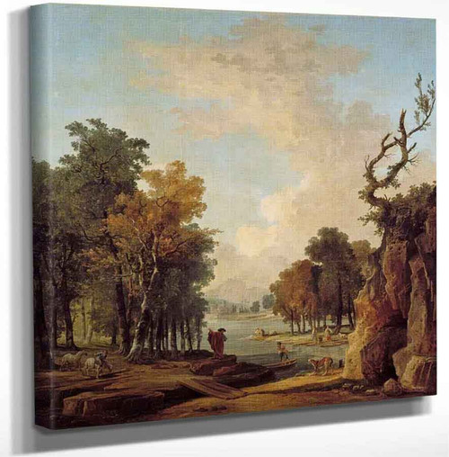 Wooded River Landscape With A Traveller A Barking Dog A Horseman And Women Washing At An Islet 0 By Hubert Robert Art Reproduction